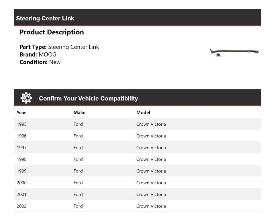For 1995-2002 Ford Crown Victoria Steering Center Link MOOG 1995 1996 1997 1998 - Image 2 of 4