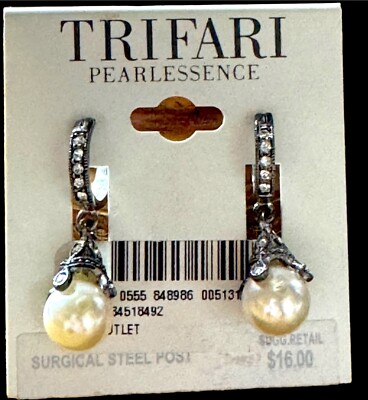 NWT TRIFARI PEARLESSENCE SILVER-TONE FAUX PEARL RHINESTONE DANGLE EARRINGS