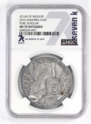 Atlas of Wildlife 2014 Andorra S10D Porc Senglar NGC MS70 Antiqued