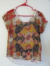 Womens JOLT Floral Open Back Knit Short Sleeve Blouse Shirt Size M Polyester