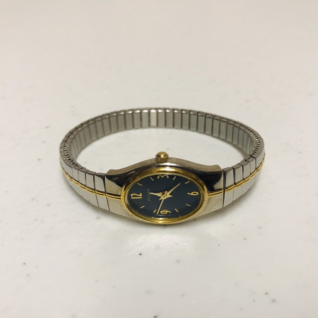 Vintage Pulsar Ladies Watch Blue Dial Two Tone Silver Gold Band With