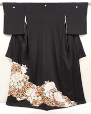 6520T13z1190 Japanese Kimono Silk TOMESODE Peony Black