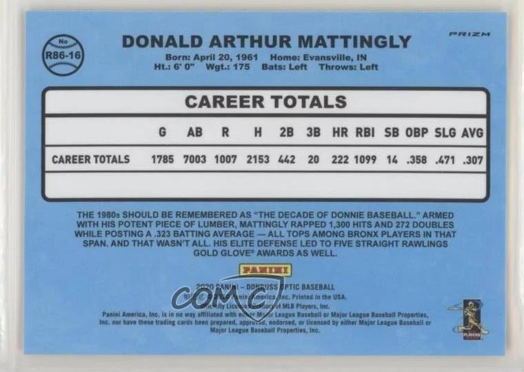 2020 Panini Donruss Optic Retro 1986 Holo Prizm Don Mattingly #R86-16 - Image 2 of 2