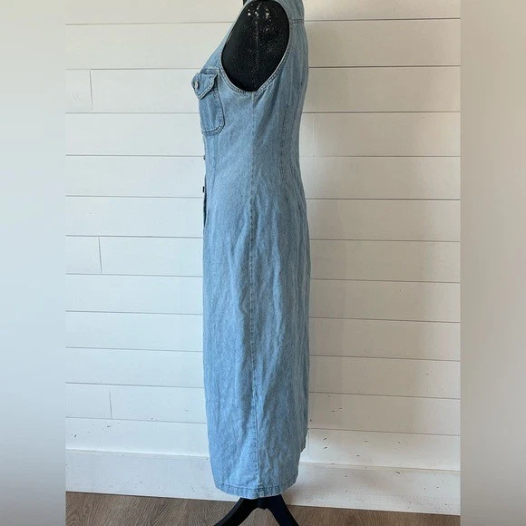 Vintage Blue 90s Denim Midi Dress Button Front Size 7/8 Made in USA Y2K Western - Image 3 of 4