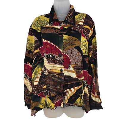 Key Lime Pie Top Women XL Print Shirt Button Front Long Sleeve Rayon Multicolor