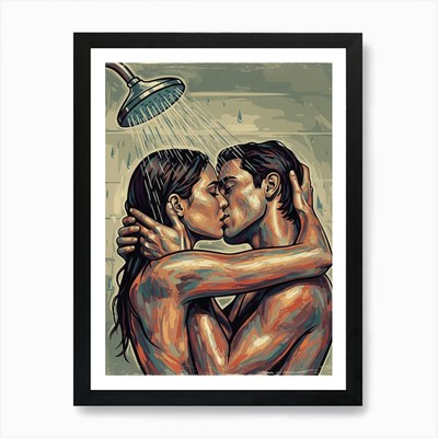 Küssen in der Dusche Kunstdruck gerahmt Wandbild Poster Leinwanddruck Bild