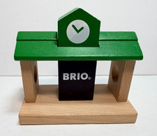 BRIO Wood Train Toys - Bus Stop Train Depot Painted Clock  Green Roof