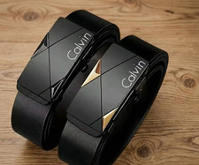 Men  s Automatic Buckle Belt Luxury Black Leather Ratchet Waist Belt Gift