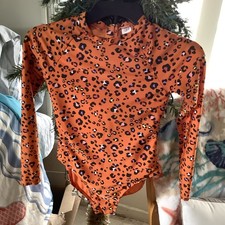 Cat Jack Girls Rash Guard One Piece L/S Zip Up Swimsuit Orange L 10-12