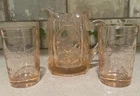 Tiara Indiana Pink Depression Glass 5" Tall Pitcher With 2 Glasses Nursery Rhyme
