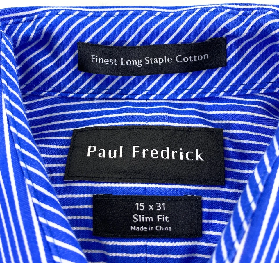 Camisa de vestir Paul Fredrick para hombre ajuste ceñido 100 % algodón bolsillo azul a rayas 15x31 Foto 3 de 4