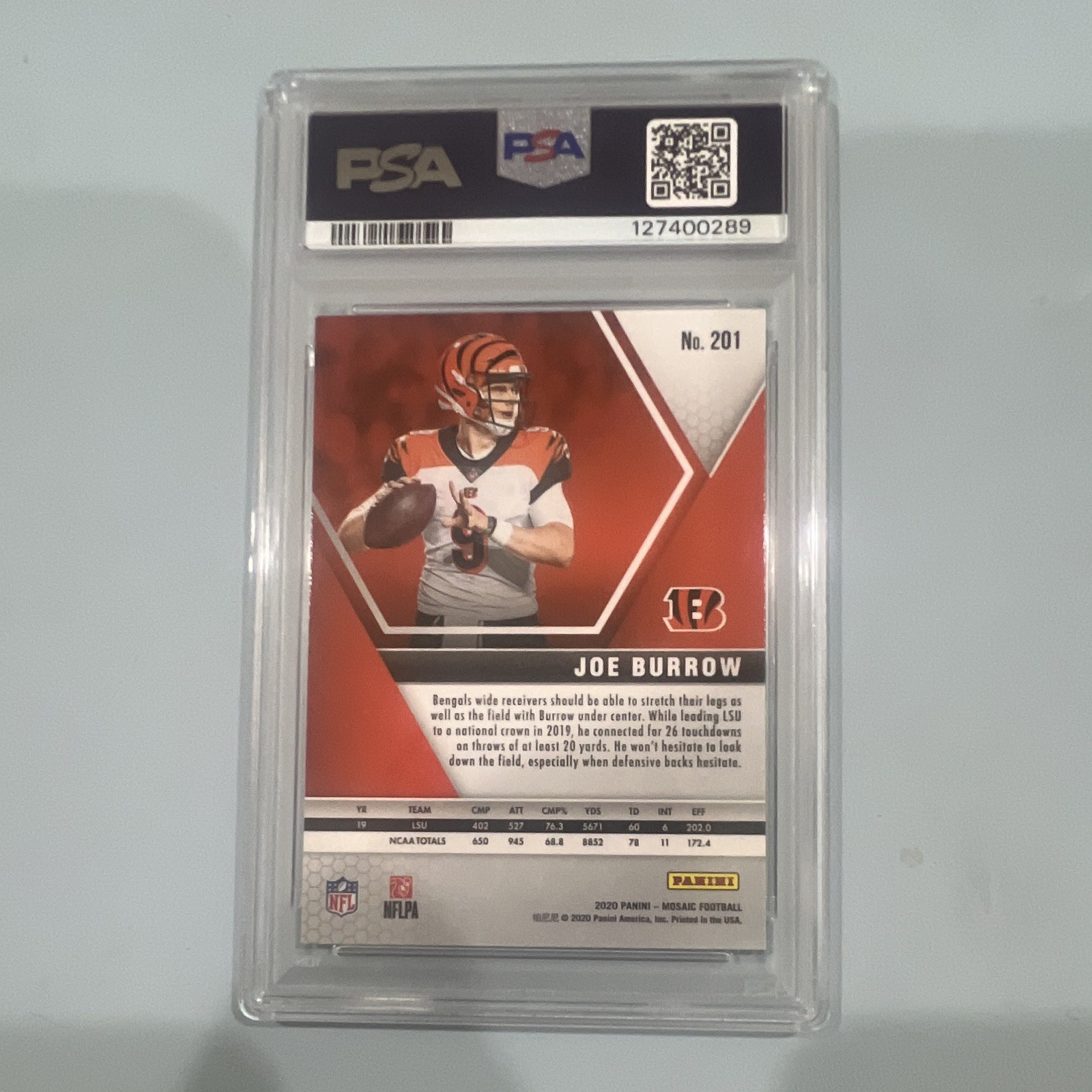 Panini 2020 Mosaic Rookies Joe Burrow RC #201 Cincinnati Bengals PSA 8 view 2