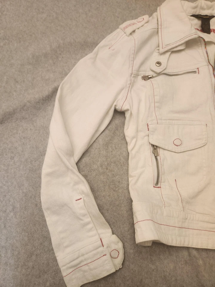 Rocawear Jacket Y2k Womens XL White Denim Moto Red Stitch Pockets Spandex - Image 3 of 4