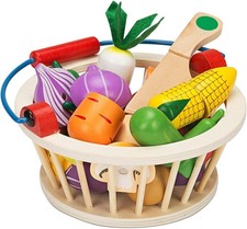 Magnetic Wooden Cutting Fruits Vegetables Food Play Set with Basket for