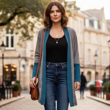 NWT LIz in LA Blue Gray Color Block Open Front Long Sleeve Cardigan Sweater Sz S