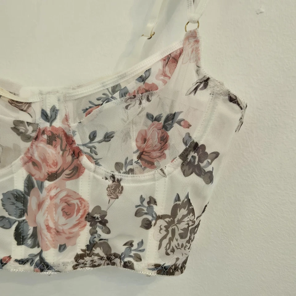 White Floral Sheer Corsett Bralette Size Medium Hook & Eye Closure - Image 2 of 4