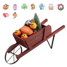 Wooden Wagon Planter Decorative Indoor/Outdoor Rustic Flower Cart w/Wheel Red