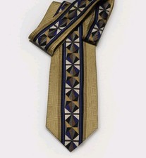 Croft  Barrow Geometric Gold Blue Black 100 Silk Mens Neck Tie Made In USA EC