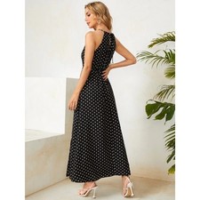 Tacera Halter Polka Dot Black White Maxi Dress Lightweight Lined Size M