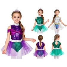 Kids Girls Jumpsuit Competition Dancewear Performance Bodysuit Belly Sequin