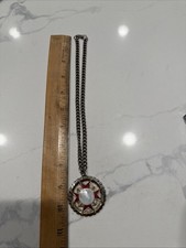 Maltese Cross Necklace 16&rdquo; Gold Tone Faux Pearl Red Enamel Medieval Renn Faire