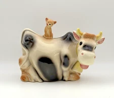 RARE Vintage Brush McCoy Pottery Holstein Cow Bank With Cat on Back Mint Cond