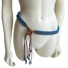 Boho Belt Blue Turquoise Beads Knotted Braided Leather Beach Hippie Hip Sash