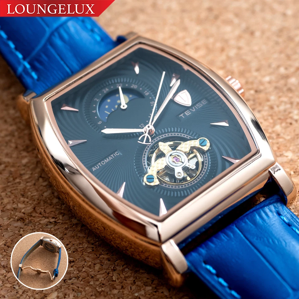 Reloj mecánico automático fase lunar oro rosa para hombre cuero azul esfera 24 horas Foto 2 de 4