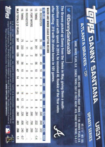 2017 Topps Update #US31 Danny Santana NM-MT Braves Atlanta Braves - Picture 2 of 2