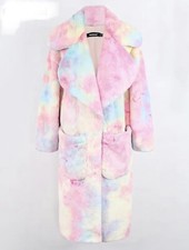 Winter Long Colorful Oversized Thick Warm Faux Fur Coat Pockets Jacket Size L