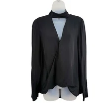 Derek Lam 10 Crosby Black Faux Wrap Draped Silk Long Sleeve Blouse Size 6 Sheer