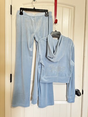 Juicy Couture Velour Bling Tracksuit Hoodie Pants Frosted Blue NWT