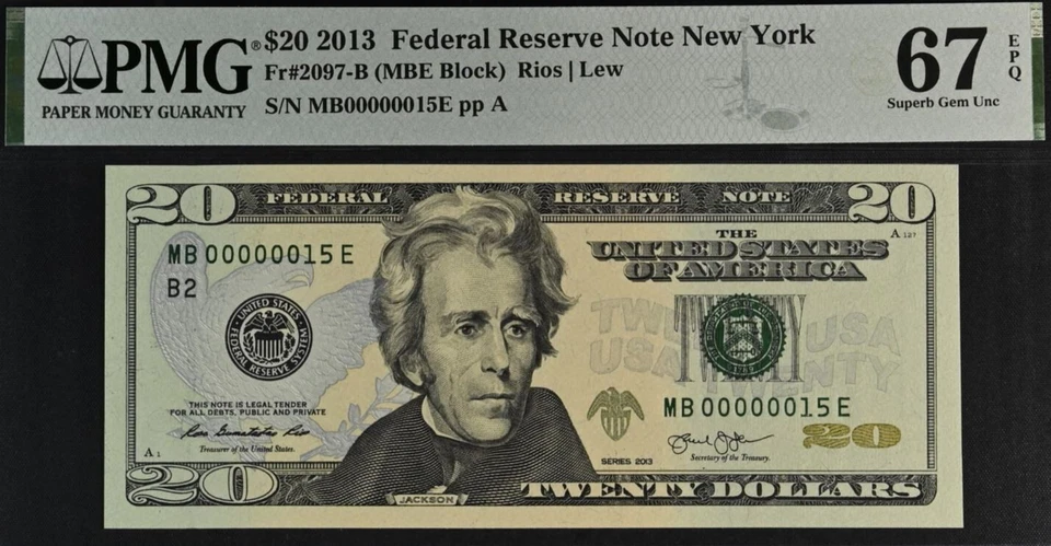 2013 $20 Federal Reserve Note PMG 67EPQ Superb Gem Low Serial Number 00000015 - Image 2 of 3