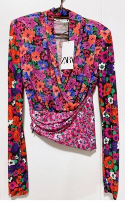 Zara Multicoloured Floral Print Top Blouse Shirt Shoulder Pads