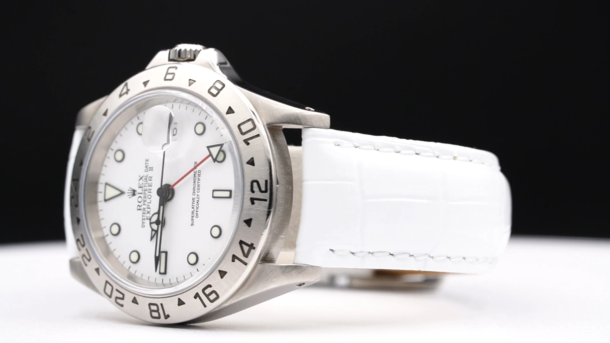 Mens Rolex Stainless Steel Explorer II White Dial White Leather