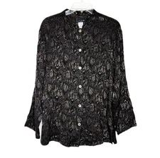 Citron Santa Monica Large Crinkle Black Gold Metallic Button Top Blouse