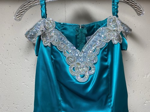 Vtg Zum Zum Cocktail Prom Off Shoulder Teal Satin Beaded Embellish Dress Sz 3/4 - Picture 2 of 7