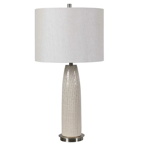 Elegant Beige Gray Tapered Ceramic Table Lamp Tall Round Silver Ribbed Pattern - Picture 4 of 8