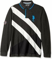 US POLO ASSN Men's SLIM FIT COLOR BLOCK L/S Black Heather PIQUE POLO SHIRT - L