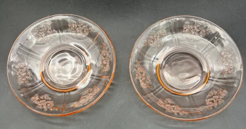 2 Federal Rose of Sharon Cabbage Rose Pink Depression Glass Saucers