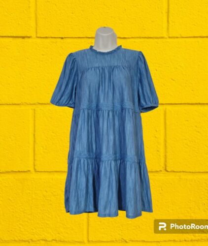 NEXT Blue Embroidered Jersey Tiered Mini Summer Dress Size 12 Petite BNWT Beach - Picture 1 of 9