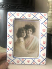 Vtg Taiwan Ceramic Pink Blue Lattice PHOTO FRAME For 3.5X5 Hearts Plaid Floral