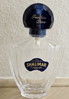 Vintage Empty French Shalimar de Guerlain Perfume Bottle Blue Art Deco Fan Spray