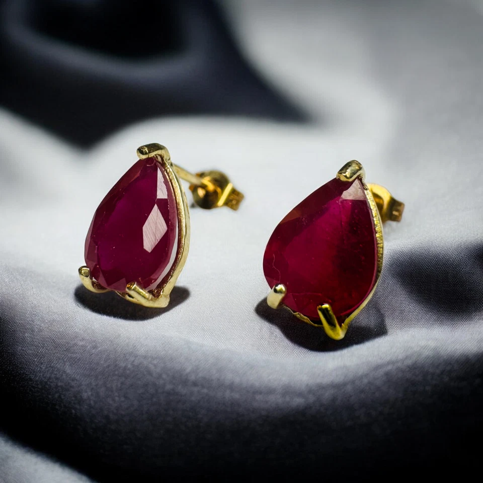 10K Gold Natural Ruby Earrings -2.8 Carat T.W. Pear Cut Vintage Stud Earrings - Image 3 of 4
