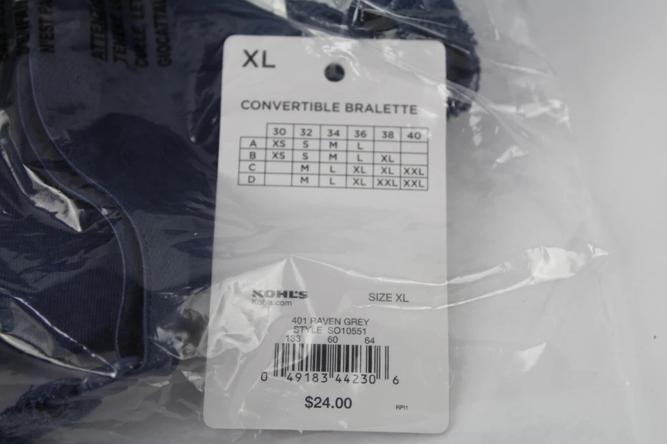 NUEVO BRALETTE Kohl's So Convertible XL "Raven Grey" Nuevo con etiquetas Foto 4 de 4