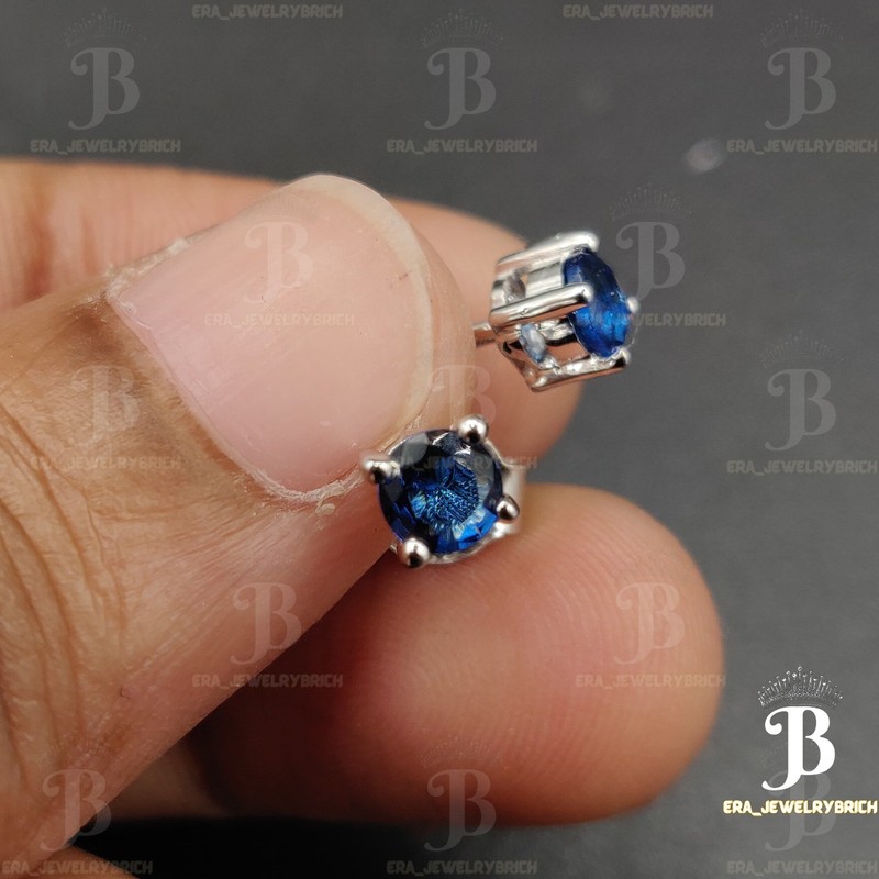 4MM Round Cut Simulated Sapphire Solitaire Stud Earring 14K White Gold Plated 03