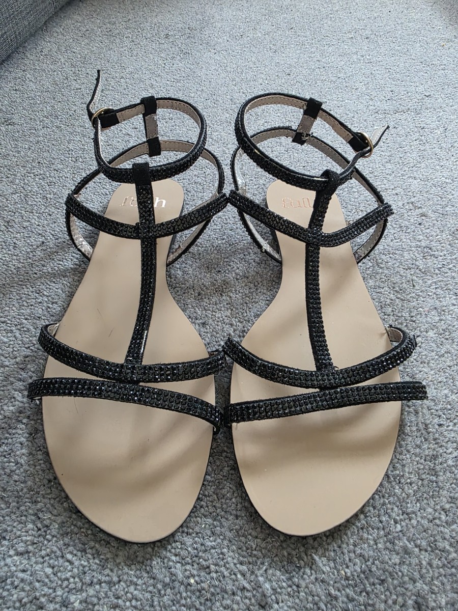 Faith Black Glitter Diamanté Ankle Stap Flat Worn Once