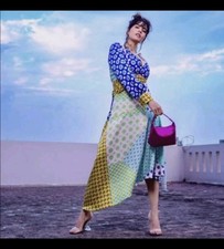 Zara Green & Yellow Patterned Tile Dress, Size S UK 8 New Long Sleeve