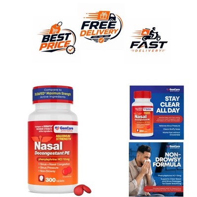 GenCare Nasal Decongestant 10mg Phenylephrine HCl 300 Tablets Sinus Relief