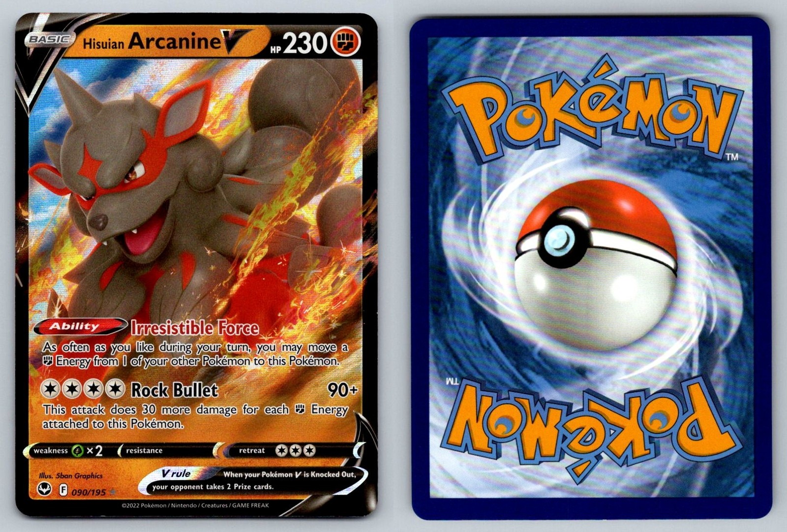 Hisuian Arcanine V - Silver Tempest - Holo - Rare V - 090/195 - Pokemon - - NM